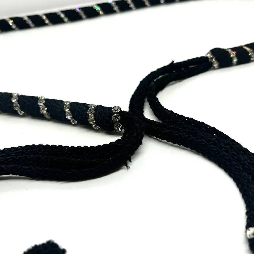 VINTAGE RHINESTONE ROPE Belt Black Tassel Boho Disco Statement